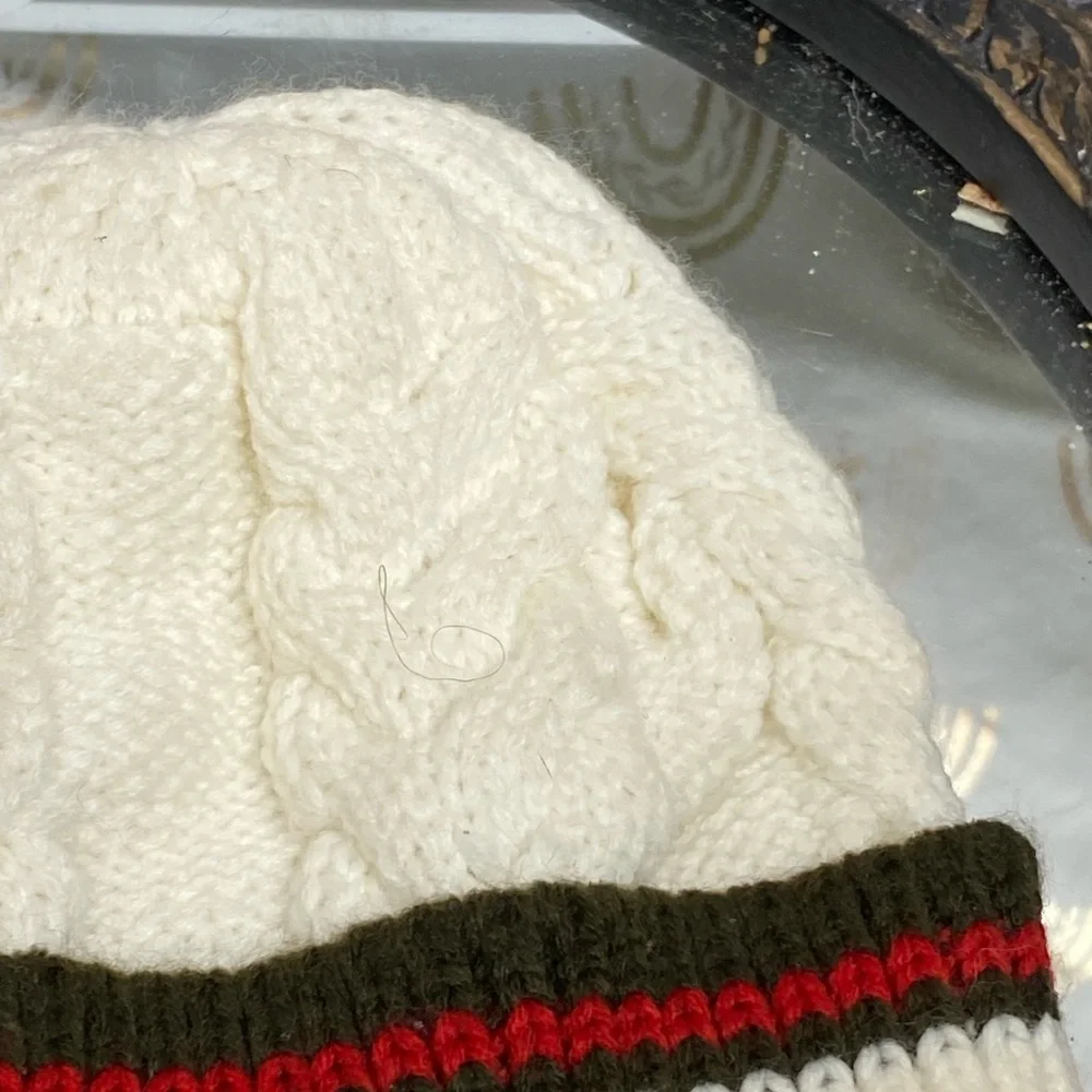 Cream Knit Beanie with Green and Red Stripe
